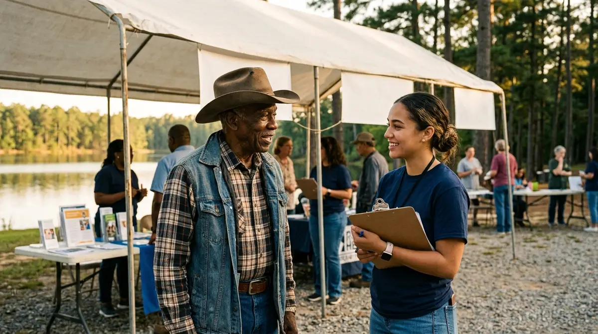 Community outreach in San Jacinto County — neighbors gathering outdoors